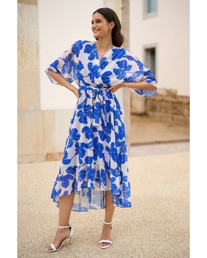Yumi' Kimono Sleeves Midi Dip Hem Wrap Midi Dress - Blue