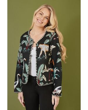 Yumi' Animal Print Reversible Cotton Cropped Quilted Jacket - Green
