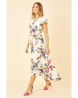 Mela Ivory Floral Wrap Dip Hem Dress - Natural