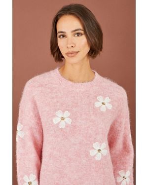 Yumi' Relaxed Jumper With Crochet Flowers - Pink