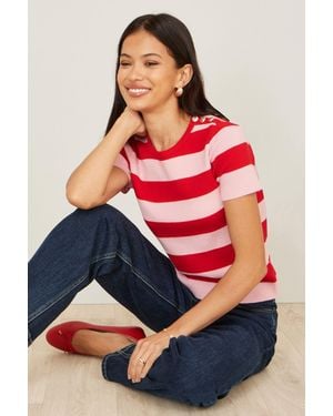Yumi' Block Stripe Knitted Top With Button Details - Red