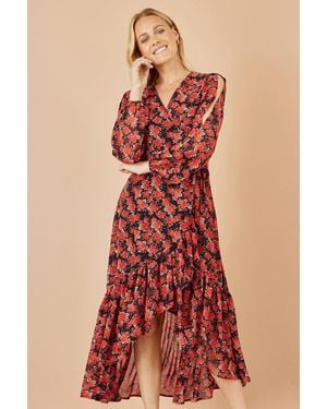 Yumi' Rose Print Dipped Hemline Midi Dress With Open Long Sleeves - Red