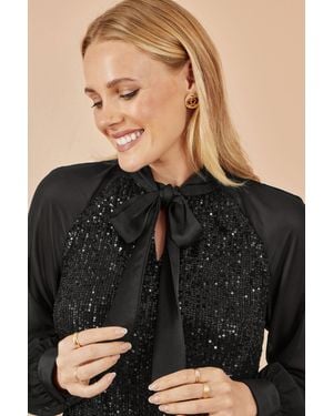 Yumi' Sequin Pussy Bow Top - Black