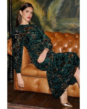 Yumi' Velvet Floral Midi Dress With Frill - Green