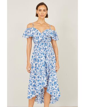 Yumi' Floral Print Bardot Midi Dress With Dip Hem - Blue