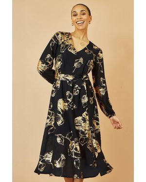 Yumi' Foil Rose Print Midi Dress - Black