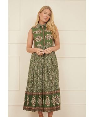 Yumi' Cotton Paisley Midi Sleeveless Shirt Dress - Green