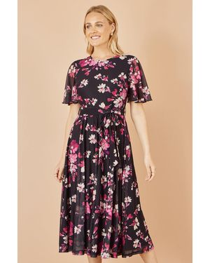Yumi' Mesh Skater Floral Midi Dress - Black