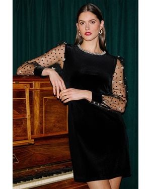 Yumi' Velvet Bow Tunic With Embellished Neck - Black