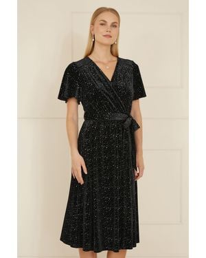 Yumi' Velvet Sparkle Wrap Angel Sleeve Dress - Black