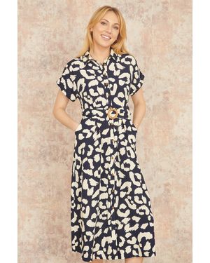 Yumi' Abstract Animal Print Relaxed Midi Shirt Dress With Belt - Natural