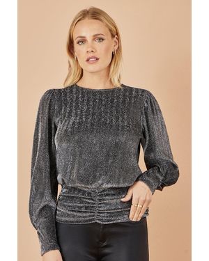 Yumi' Metallic Stretch Ruched Hem Top - Grey