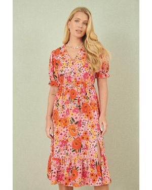 Yumi' Floral Midi Dress With Frill Hem And Puff Sleeves - Red