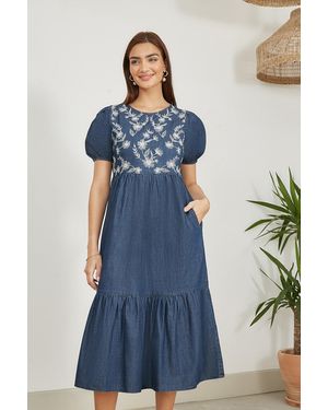 Yumi' Chambray Denim Midi Dress With Embroidery And Puff Sleeves - Blue