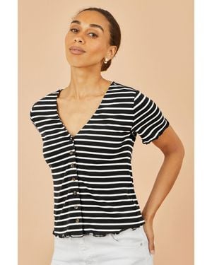 Yumi' Striped Cotton Jersey Lettuce Trim T-Shirt - Black