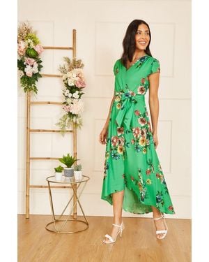 Mela Bright Floral Dip Hem Wrap Midi Dress - Green