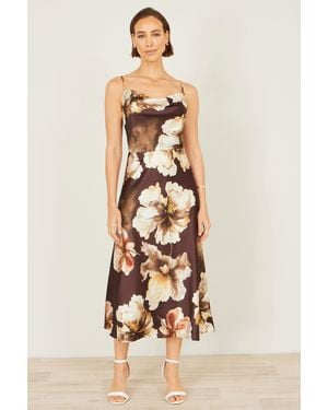 Yumi' Cowl Neck Satin Floral Dress - Natural