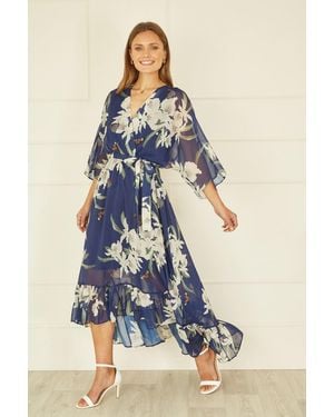 Yumi' Floral Kimono Sleeves Dip Hem Wrap Midi Dress - Blue