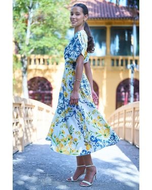 Yumi' Lemon Print Viscose Ruched Waist Midi Dress - Blue