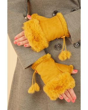 Yumi' Mustard Fur Fingerless Suede Mittens - Yellow