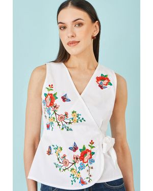 Yumi' Stretch Cotton Embroidered Wrap Top - White