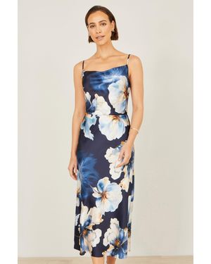Yumi' Cowl Neck Satin Floral Dress - Blue