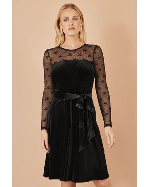 Yumi' Velvet Skater Dress With Mesh Bow Sleeves - Black