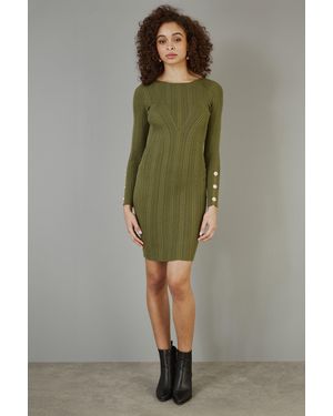 Yumi' Shimmer Fitted Midi Dress With Button - Green