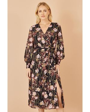 Yumi' Foiled Floral Print Wrap Midi Dress - Natural