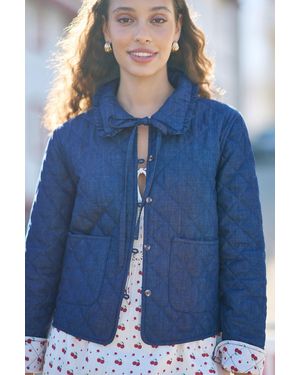 Yumi' Chambray Quilted Jacket With Cherry Lining - Blue