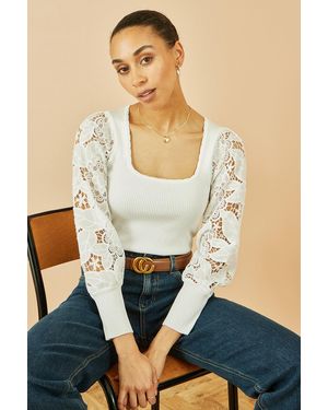 Yumi' Ribbed Knitted Top With Lace Sleeves - Blue