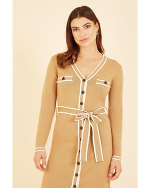 Yumi' Camel Knitted Shirt Dress With Contrast Border - Natural