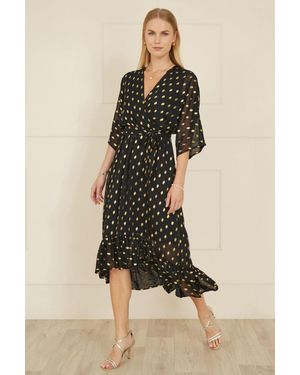Yumi' Foil Print Wrap Over Dip Hem Midi Dress - Natural