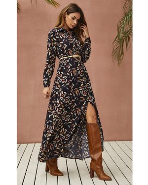 FS Collection Leaf Print Shirt Dress With Tie Waist + Free Stretch Leaf Belt - Brown