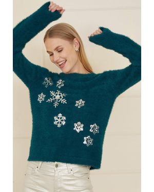 Mela Sequin Snowflake Fluffy Jumper - Blue