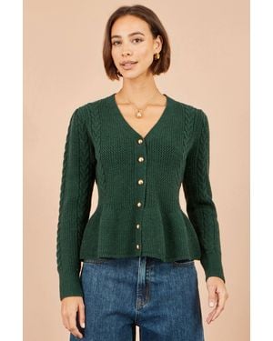 Yumi' Cable Knit Peplum Cardigan - Green