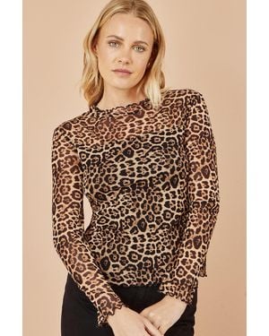 Yumi' Leopard Print Mesh Stretch Fitted Top - Brown