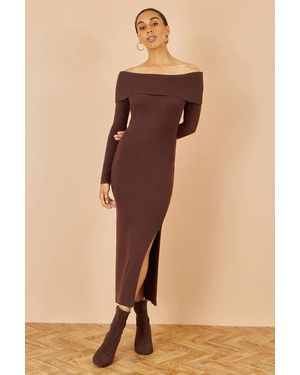 Yumi' Bardot Knitted Fitted Midi Dress - Natural