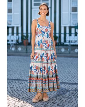Yumi' Boho Block Print Tiered Maxi Dress - White