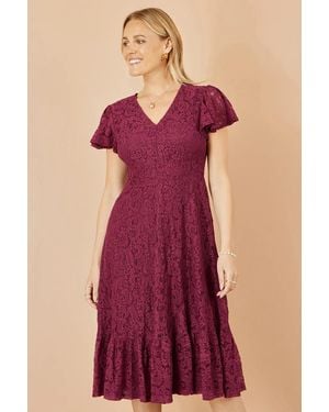 Yumi' Stretch Lace Puff Sleeve Midi Dress - Purple