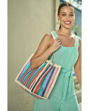Yumi' Multicolour Stripe Natural Shoulder Bag - Green