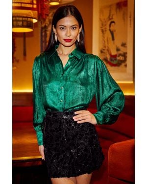 Yumi' Metallic Relaxed Balloon Sleeve Shirt - Blue