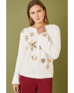 Yumi' Mela Ivory Sequin Snowflake Fluffy Jumper - Natural