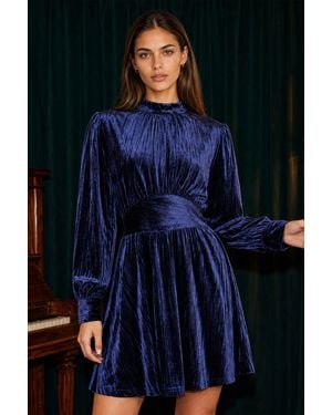 Yumi' Ruched Waist Velvet Skater Dress - Blue