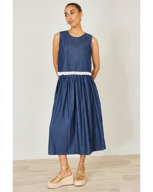 Yumi' Denim Chambray Gathered Midi Skirt - Blue