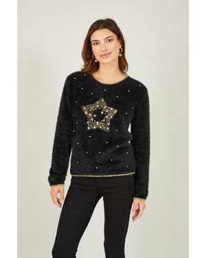 Yumi' Fluffy Star Christmas Jumper - Black