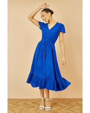 Yumi' Button Detail Midi Dress With Ruched Waist And Metallic Thread - Blue