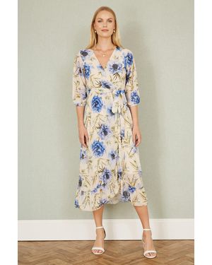 Yumi' Vintage Floral Wrap Midi Dress With Frill - Natural