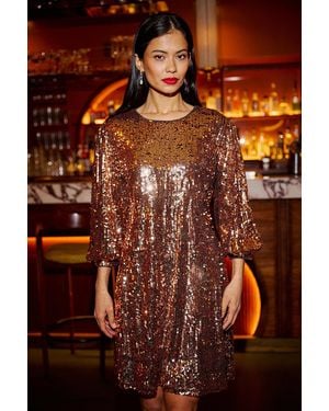 Yumi' Sequin Tunic Dress With Balloon Sleeves - Brown