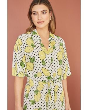 Yumi' Mela Viscose Lemon Print Tie Shirt - Yellow